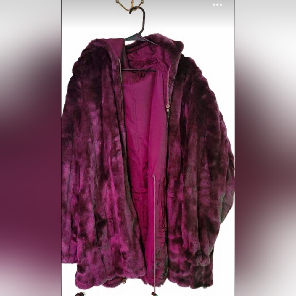 YBS Fuzzy Purple/burgundy Faux Fur Coat Reversabl With Big Hood!